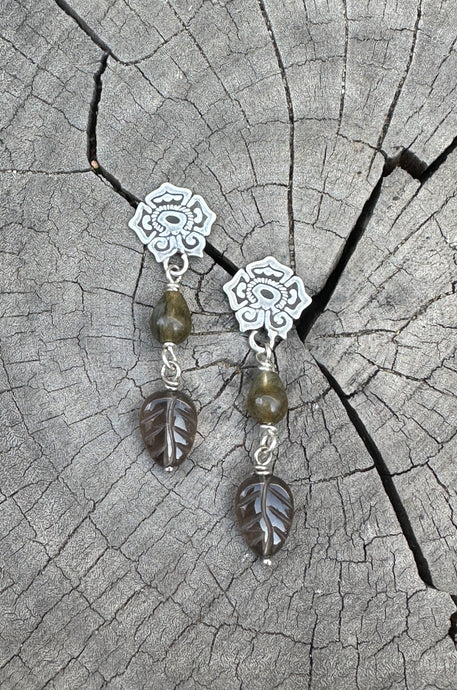 Xóchitl with Labradorite & Smokey Quartz carved drops post earrings