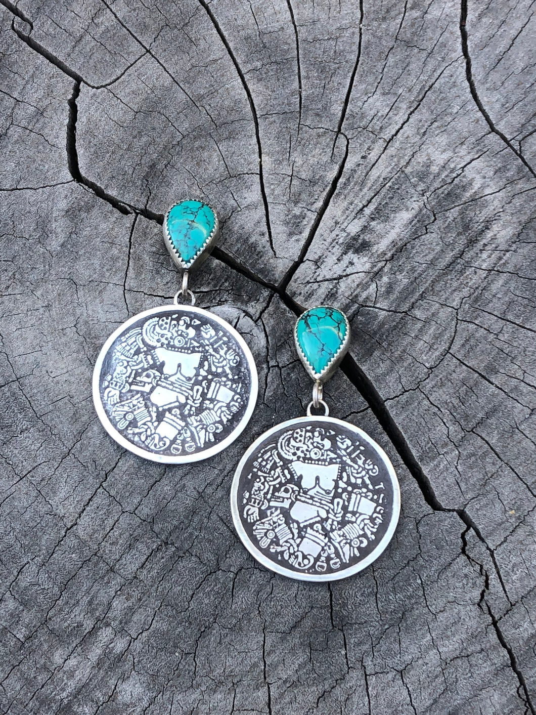 Turquoise & Coyolxauhqui disc post earrings
