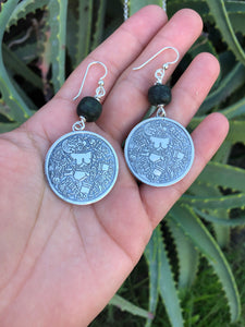 Sterling silver Coyolxauhqui disc & Jade earrings