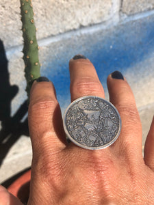 Sterling silver Coyolxauhqui disc ring. Custom size